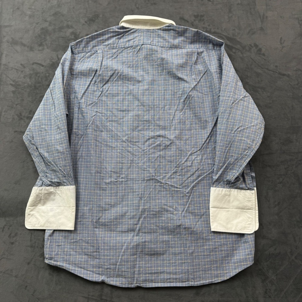 Paul Fredrick Mens 18.5 34 Plaid Cotton French Cuff Pin Collar Dress Shirt Blue - Picture 6 of 8